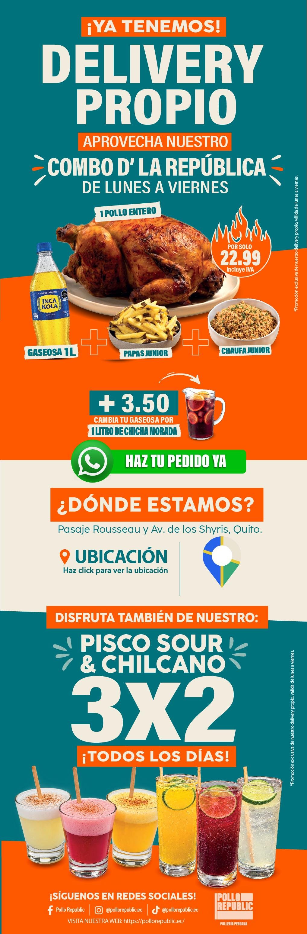 Pollo Republic - ¡Ya tenemos Delivery Propio! Combo D' La República por solo $22.99